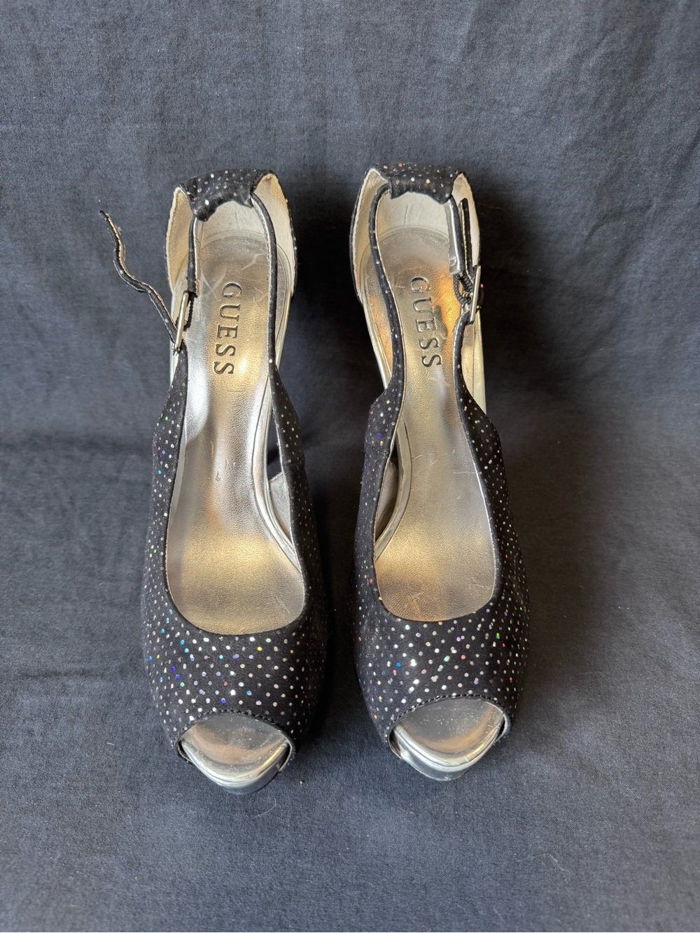 GUESS Black Peep-Toe Slingback Heels with Multicolor Sparkle